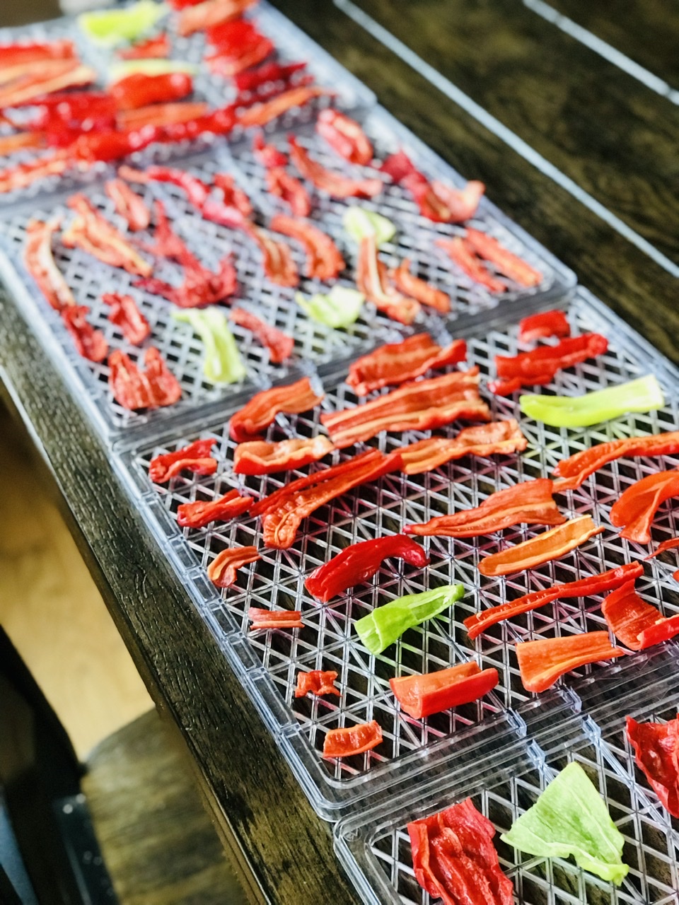 Cut peppers on trays