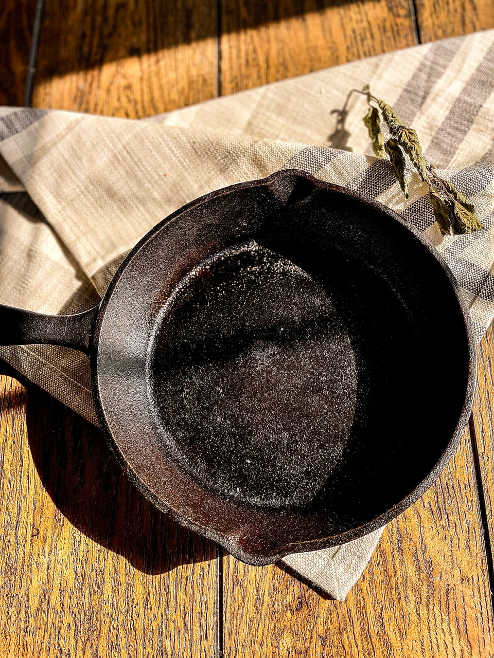 cast iron pan on napkin