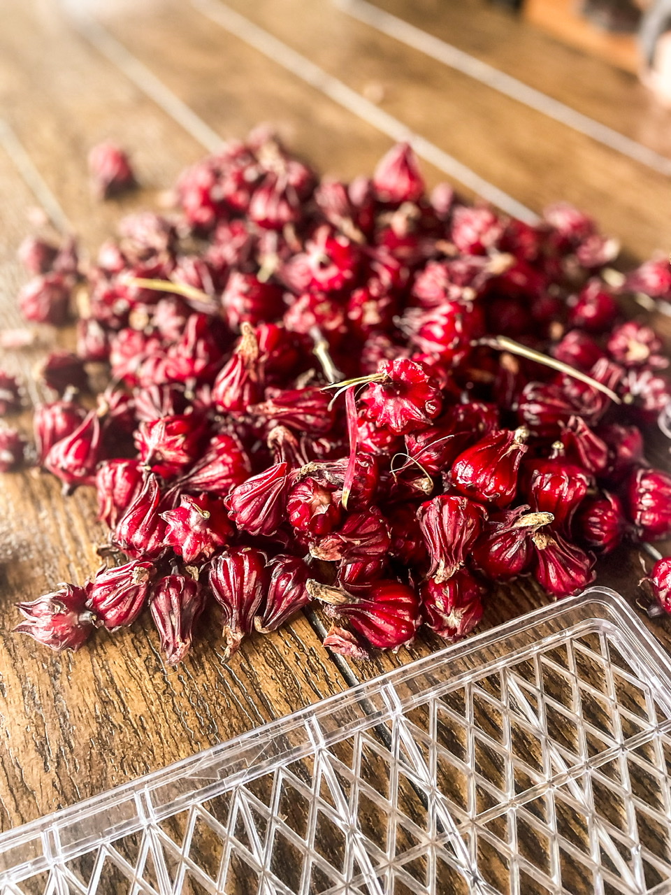 pile of roselle fruit on a table