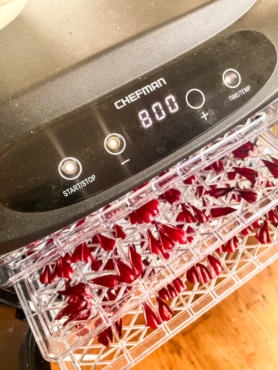 Roselle calyces in a dehydrator