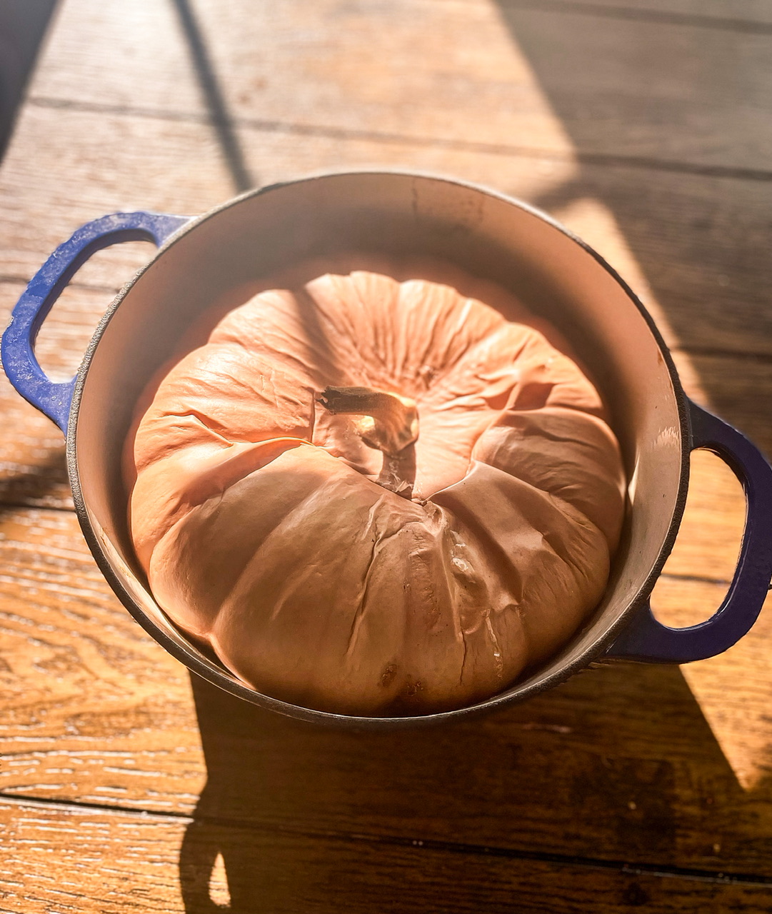 roasted pumpkin in a blue dutch oven