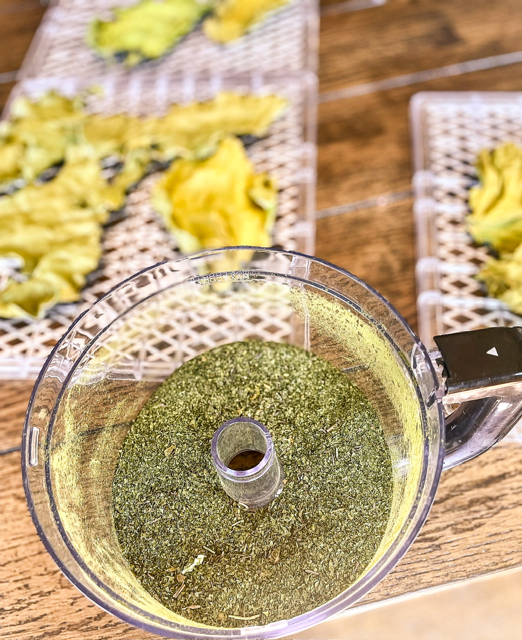 Dehydrated kale in a food processor