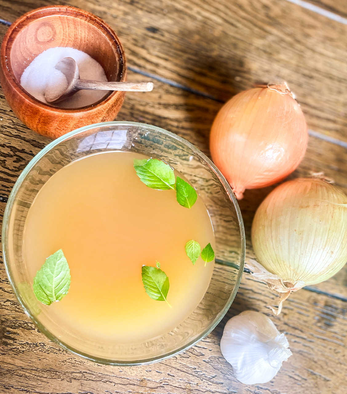 bone broth with two onions, salt, and one clove of garlic