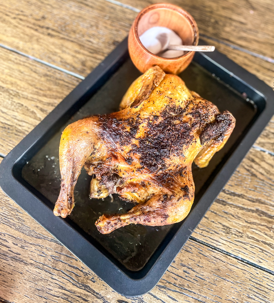 Rotisserie chicken on a pan